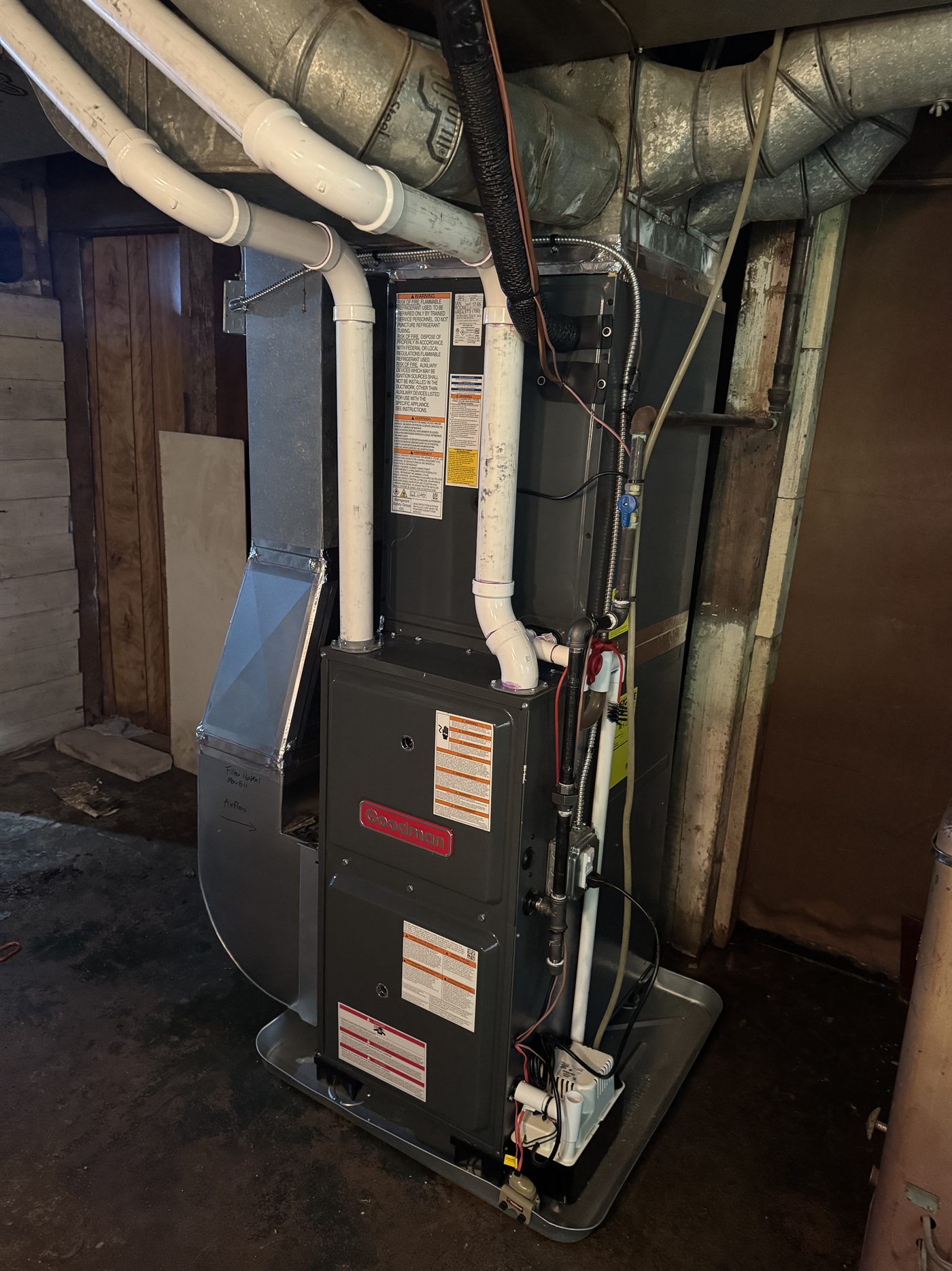 Installed Goodman furnace and ductwork serviced by JT's Heating Cooling and Plumbing